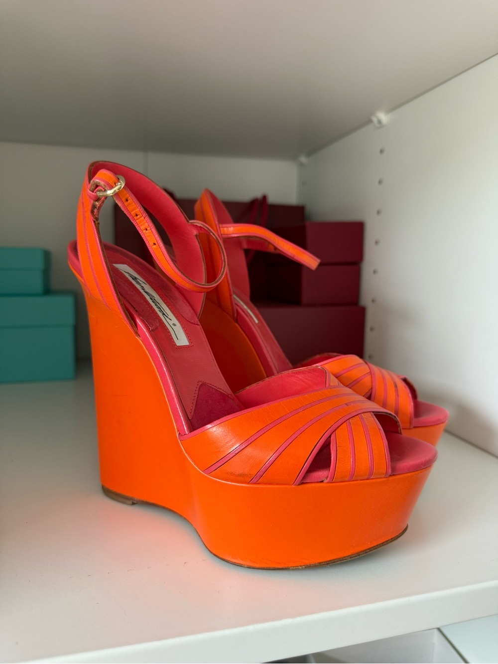 Brian Atwood Orange and Pink Platform Wedge Sandals